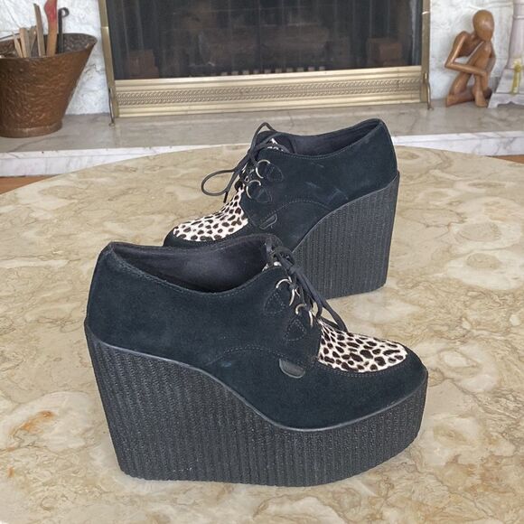 UNDERGROUND Black Leather & Leopard Bovine Fur Platform Wedge Creepers - Picture 8 of 15